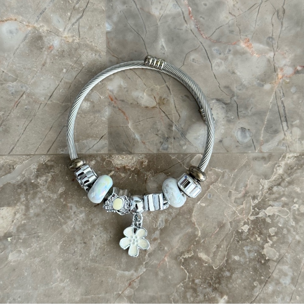 Stainless Steel Charm Bracelet, Silver, White Flower - Picture 3 of 3
